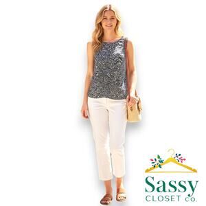Ann Taylor Navy White Floral Ruffle Blouse S EUC Sleeveless Side Zip Shell Top